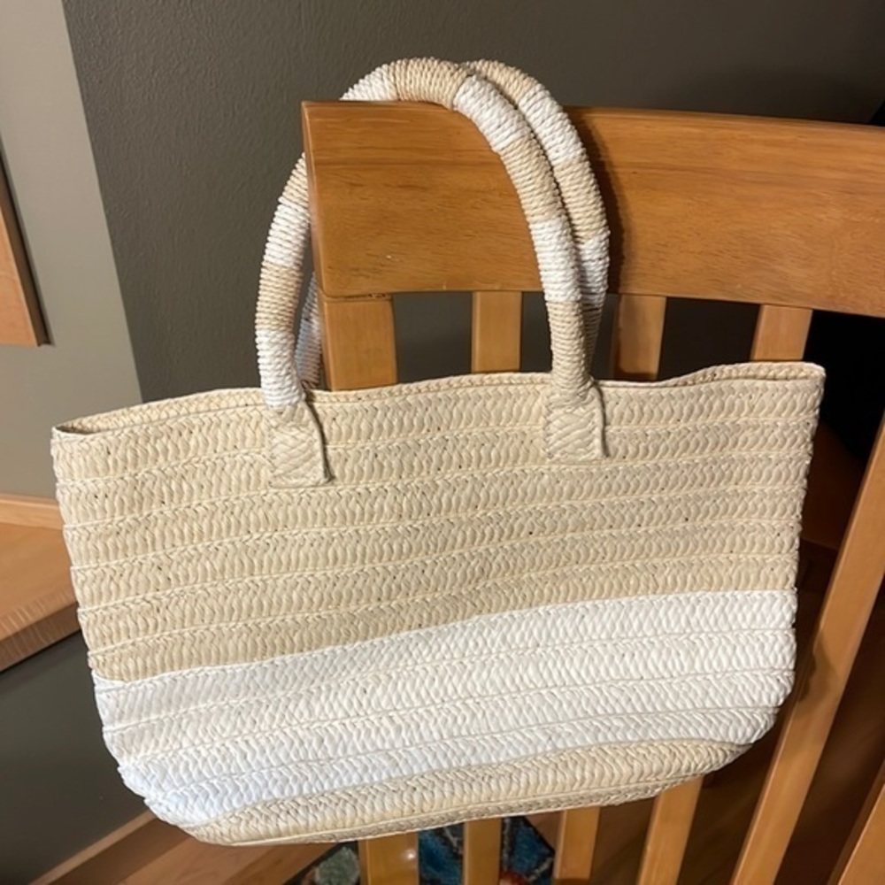Altru Woven Packable Tote Bag Beach Vacation‎ Resort Tan White Coastal